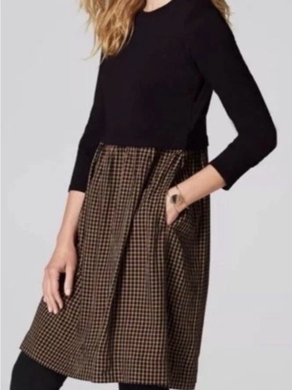 J.Jill Plaid Mixed Media Dress Black Tan Check Long Sleeve Casual Cottagecore
